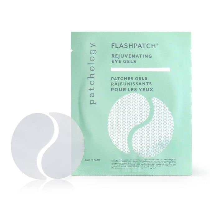 Patchology Rejuvenating Eye Gels in a mint green packet next to two white crescent patches for under-eye skincare.