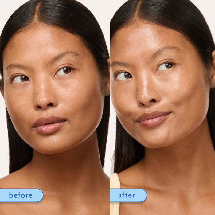 Before-and-after split comparison of a woman's face showing a skincare or makeup result, with the left side labeled 'before' and the right side labeled 'after' on a light neutral background.
