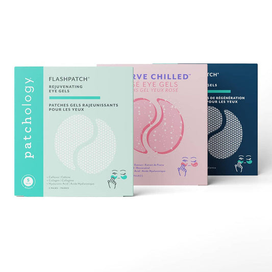 Three 5-pair boxes of eye masks products on a white background