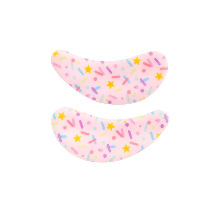 Pair of sprinkle-pattern under-eye gel patches with pastel stars and confetti design, shaped for smoothing and hydrating the under-eye area