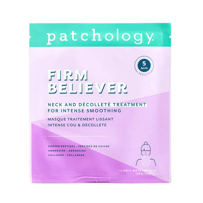 Patchology Firm Believer neck and décolleté treatment sachet in purple and mint packaging, highlighting five-minute smoothing mask for firming and hydration