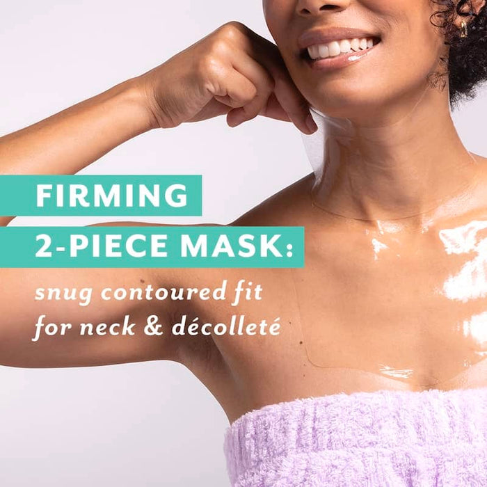 Close-up of a woman applying a clear, contoured neck and décolleté mask, with text highlighting a firming 2-piece design that provides a snug fit for targeted smoothing and lifting results