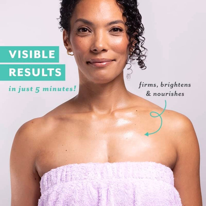 Woman with glowing neck and décolleté skin wrapped in a towel, alongside text highlighting “visible results in just 5 minutes” and benefits that firm, brighten, and nourish the skin