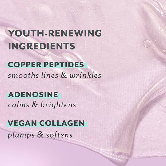 Graphic highlighting youth-renewing skincare ingredients—copper peptides to smooth lines and wrinkles, adenosine to calm and brighten, and vegan collagen to plump and soften—set against a soft gel-textured background