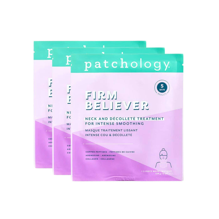 Patchology Firm Believer neck and décolleté treatment sachets stacked, purple and mint packaging highlighting five-minute smoothing mask for firming and hydration