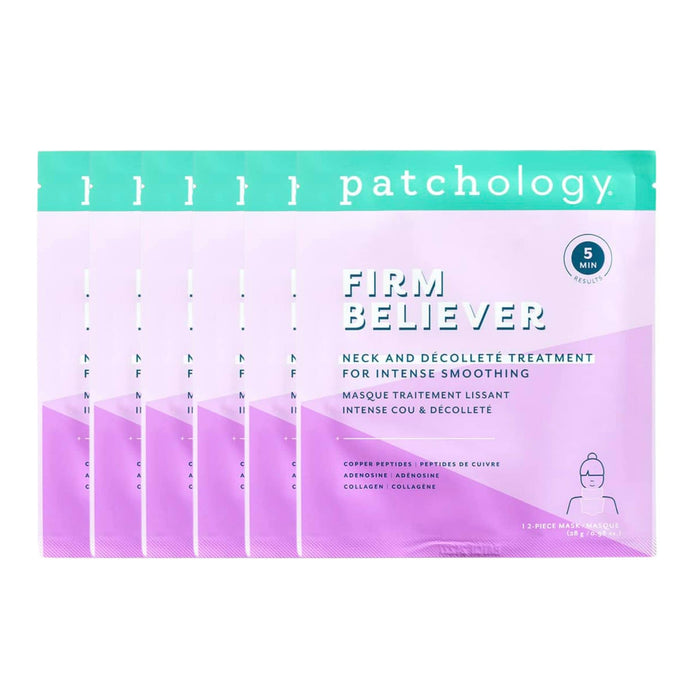 Patchology Firm Believer neck and décolleté treatment multi-pack sachets with five-minute smoothing mask, featuring purple and mint packaging stacked in a row