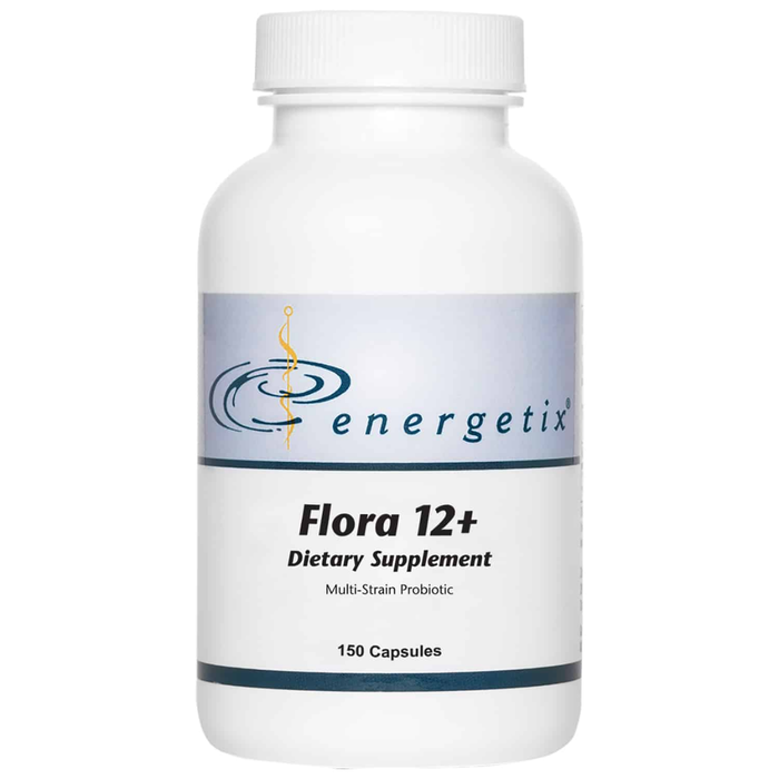 Flora 12+, a multi-strain probiotic, is a combination of twelve beneficial bacteria plus saccharomyces boulardii and the prebiotic fructooligosaccharides (FOS).