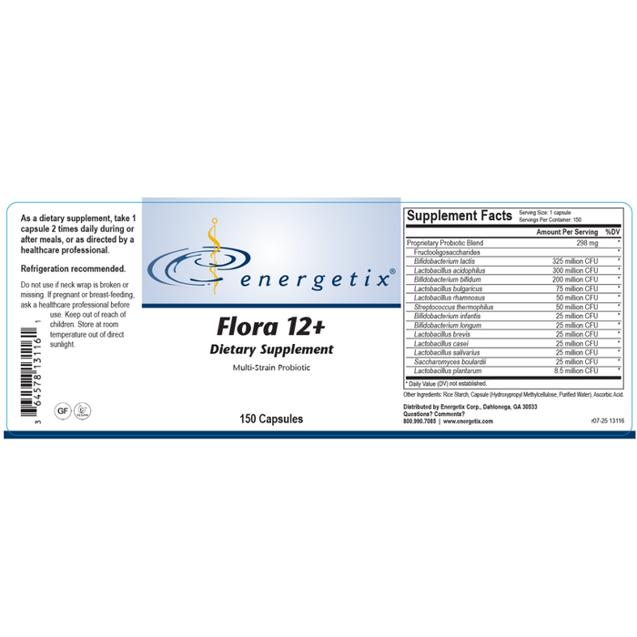 Flora 12+, a multi-strain probiotic, is a combination of twelve beneficial bacteria plus saccharomyces boulardii and the prebiotic fructooligosaccharides (FOS).