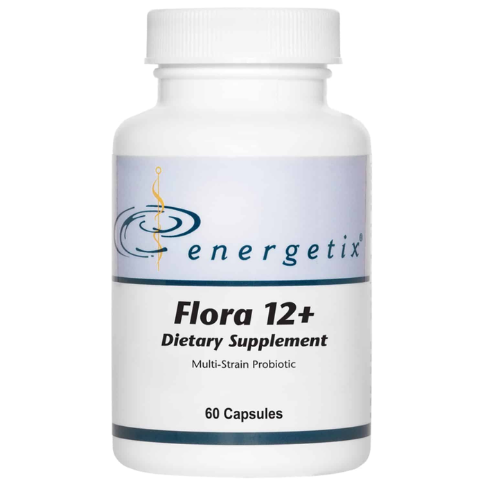 Flora 12+, a multi-strain probiotic, is a combination of twelve beneficial bacteria plus saccharomyces boulardii and the prebiotic fructooligosaccharides (FOS).