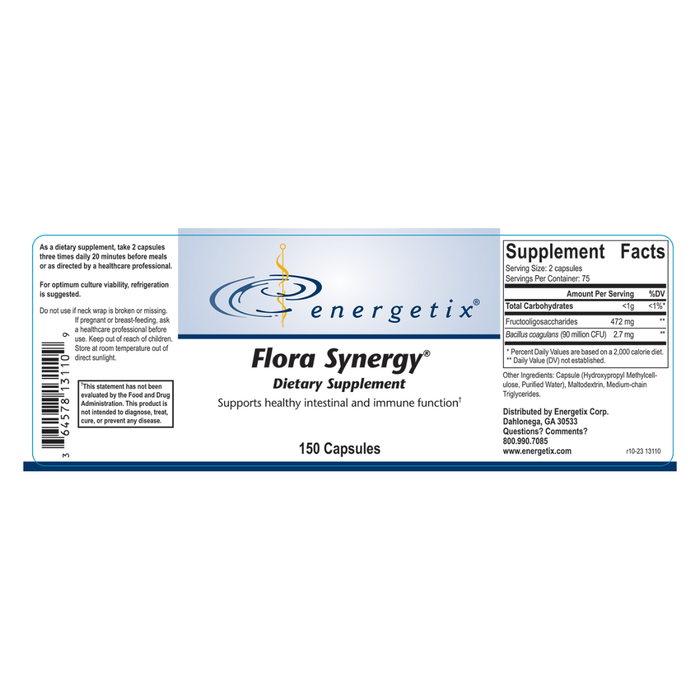 Flora Synergy® contains the spore form probiotic Bacillus coagulans and prebiotic fructooligosaccharides (FOS) to help support normal immune and digestive response.