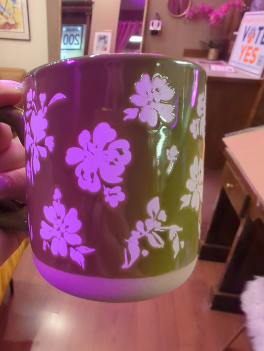 Floral stoneware coffee mug with colorful flower pattern, durable ceramic mug from Sweet Water Decor, perfect for hot beverages.