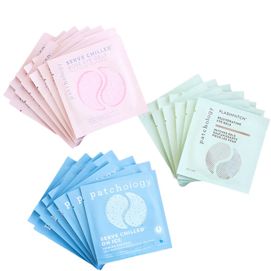 Assorted Patchology eye gel packets in pink, blue, and mint variants arranged in fan layout on a clean white background