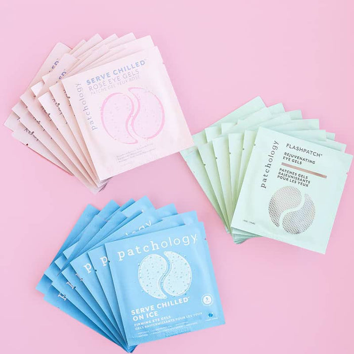 Three fanned sets of Patchology eye gel packs—Serve Chilled Rosé, Serve Chilled On Ice, and FlashPatch Rejuvenating—arranged on a pink background