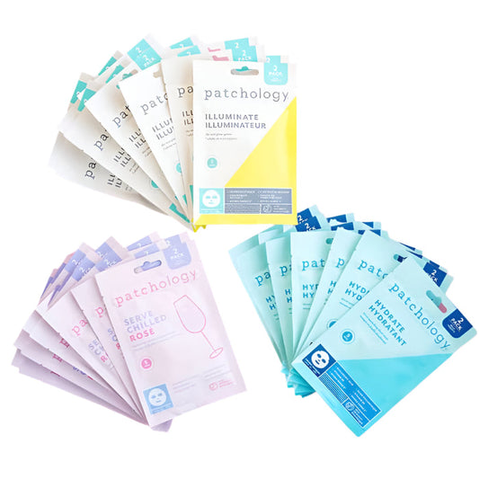 Assorted Patchology sheet mask collections—Illuminate, Serve Chilled Rosé, and Hydrate—fanned out to showcase different skincare treatments and benefits