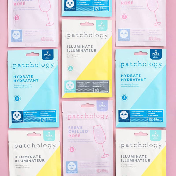 Patchology sheet mask assortment—Illuminate, Hydrate, and Serve Chilled Rosé—neatly arranged in a grid on a pink background, showcasing multiple skincare options