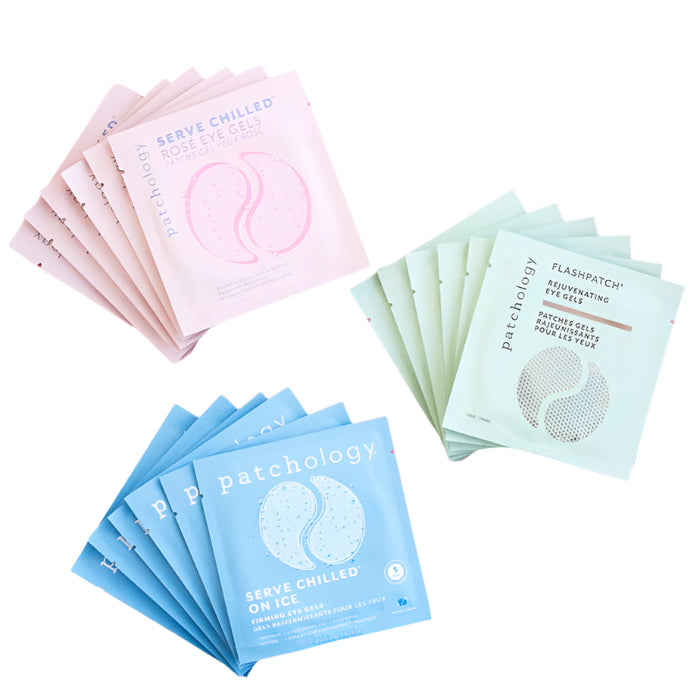 Assorted Patchology eye gel packets in pink, blue, and mint variants arranged in fan layout on a clean white background