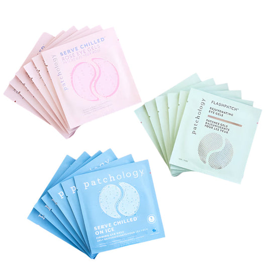 Assorted Patchology eye gel packets in pink, blue, and mint variants arranged in fan layout on a clean white background