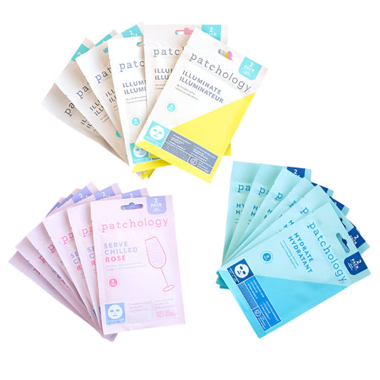 A collection of facial treatment masks from patchology, including varieties named Rosé, Hydrate, and Illuminate, spread out on a pink background.