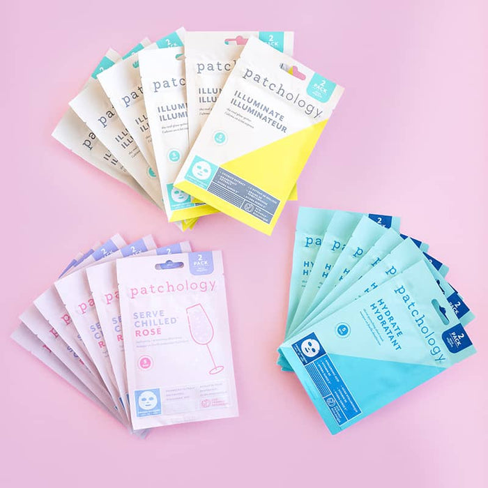 Assorted Patchology sheet mask packs arranged in three fanned groups on a pink background, featuring Illuminate, Serve Chilled Rosé, and Hydrate variants