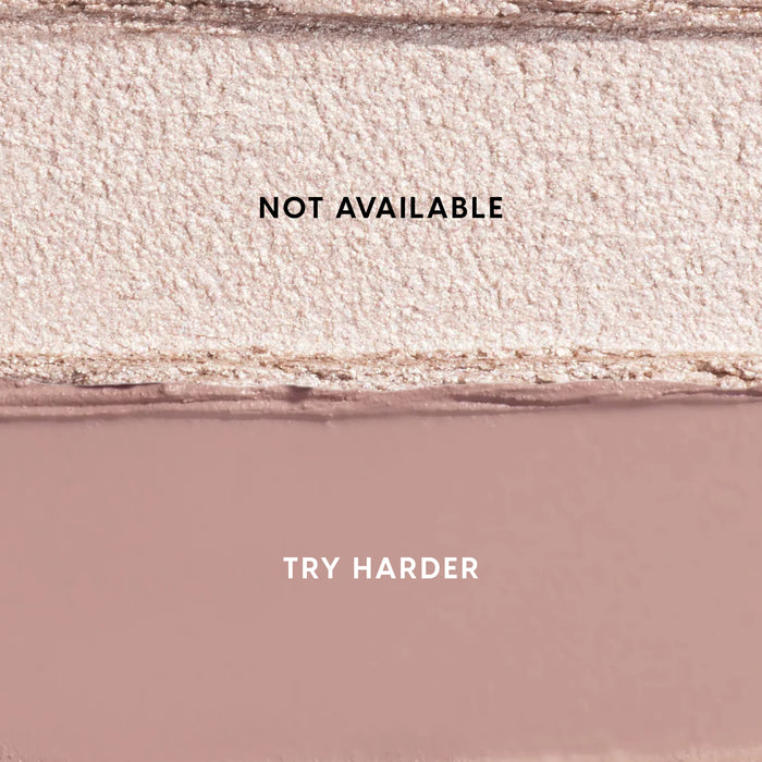 Two Heart to Get For Your Eyes Only Shadow Stix swatches laid side by side, showing a shimmery champagne shade labeled NOT AVAILABLE above a matte mauve shade labeled TRY HARDER on a clean studio background.