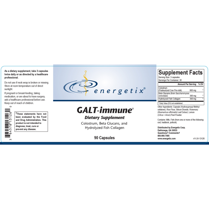 GALT-immune (Gut Associated Lymphoid Tissue) is a combination of colostrum, beta glucans, and pre-digested ocean fish protein. This formula was designed to help maintain normal immune response and digestive function.*