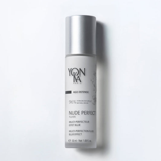 Nude Perfect Fluide bottle with pump showing lightweight beige blur fluid Yon-Ka Paris label COSMOS-certified silicone-free formula