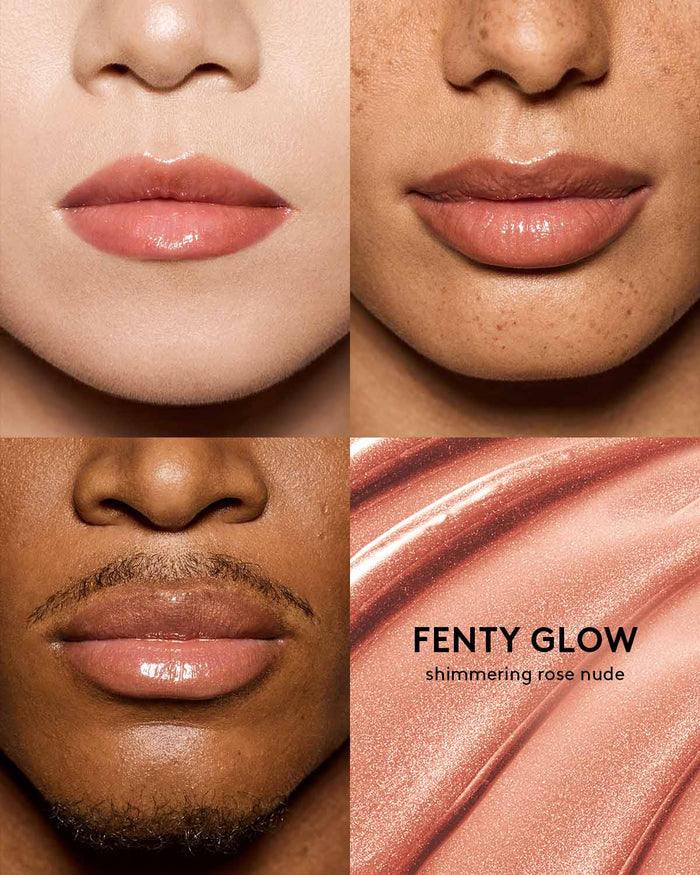 shade grid of 2 different skin toned models wearing gloss bomb universal lip luminizer in shade fenty glow