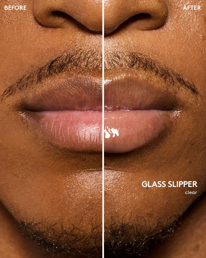 before and after of medium skin toned model wearing gloss bomb universal lip luminizer in shade glass slipper