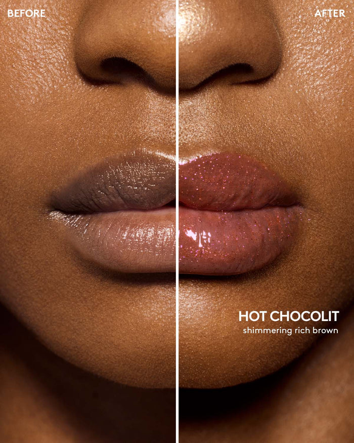 before and after of deep skin toned model wearing gloss bomb universal lip luminizer in shade hot chocolit