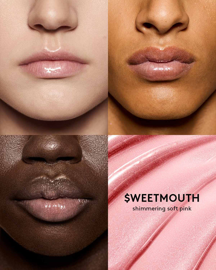 shade grid of 3 different skin toned models wearing gloss bomb universal lip luminizer in shade $weetmouth