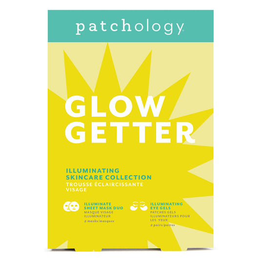 Patchology Glow Getter skincare collection packaging with sunburst design on a white background