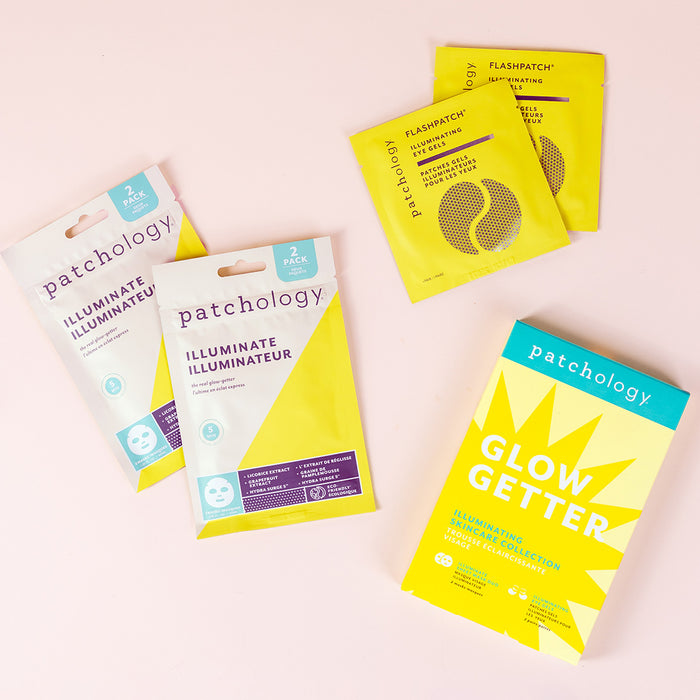 Patchology skincare patches on a light pink background