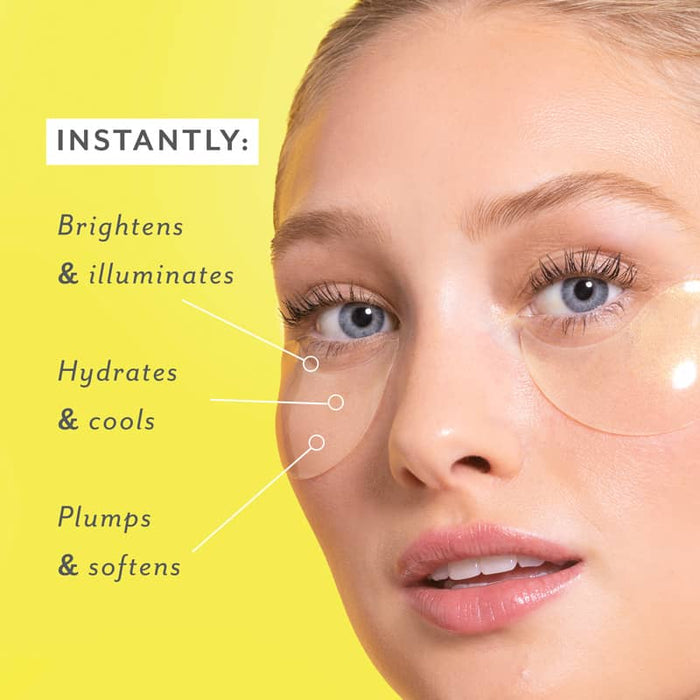 Woman's face with eye patches on a yellow background, showing text benefits to brighten and illuminate hydrates and cools, plumps and softens your dry undereyes