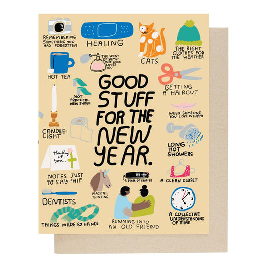 New Year card: “Good Stuff for the New Year” with cat, hot tea, candle icons
