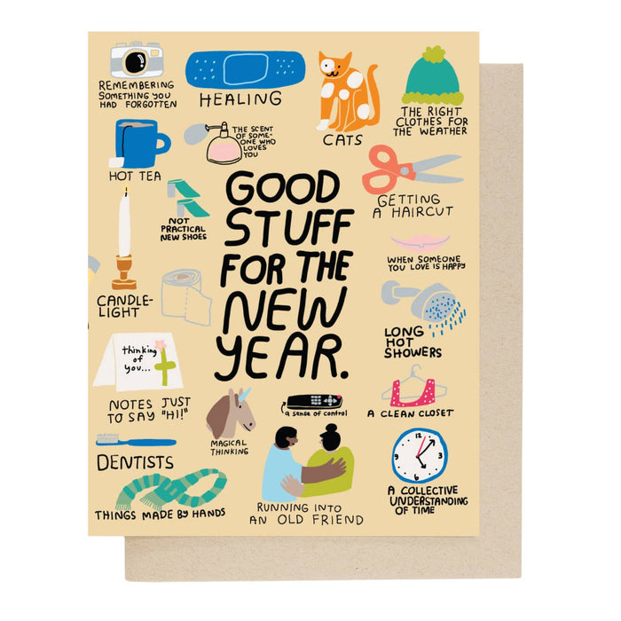 New Year card with “Good Stuff for the New Year” and healing, cats, clothes icons