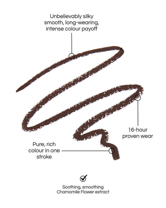 Seamless Glide Eye Pencil swatch, with text demonstrating the benefits: Unbelievably silky smooth, long-wearing, intense colour payoff. 16-hour proven wear. Pure-rich colour in one stroke. Soothing, smoothing Chamomile Flower Extract. In shade Ground Coffee.