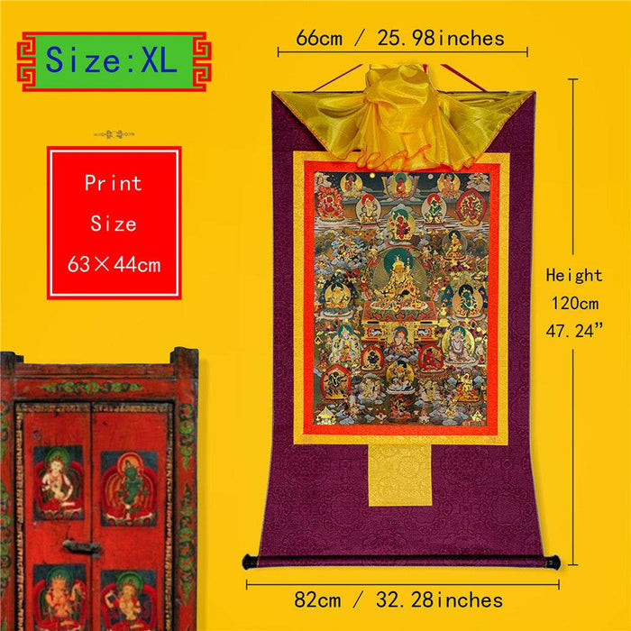 Guru Rinpoche and Gods of Wealth - Tibetan thangka painting, close-up detail