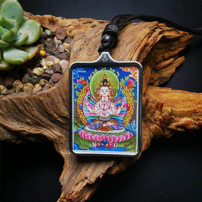 Handpainted Locket Thangka Amulet,Chenrezig,Avalokitesvara,Padmapani - Tibetan thangka painting, front view