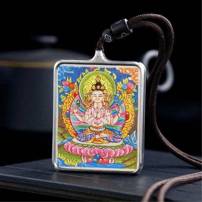 Handpainted Locket Thangka Amulet,Chenrezig,Avalokitesvara,Padmapani - Tibetan thangka painting, detailed view