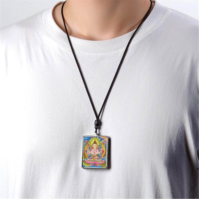 Handpainted Locket Thangka Amulet,Chenrezig,Avalokitesvara,Padmapani - Tibetan thangka painting, view 4