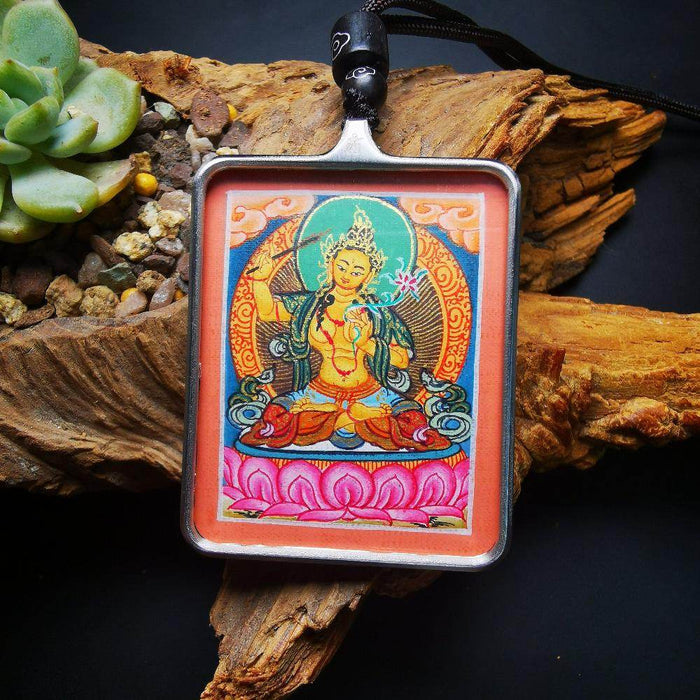 Handpainted Locket Thangka Amulet,Manjusri,Wisdom Buddha - Tibetan thangka painting, front view