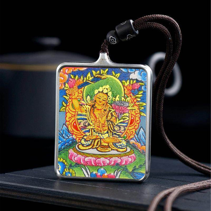 Handpainted Locket Thangka Amulet,Manjusri,Wisdom Buddha - Tibetan thangka painting, detailed view