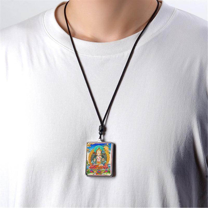 Handpainted Locket Thangka Amulet,White Tara,Arya Tara,Buddha of Wealth - Tibetan thangka painting, view 4