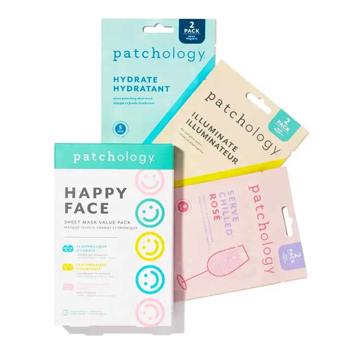 Patchology Happy Face sheet mask value pack with Hydrate, Illuminate, and Serve Chilled Rosé 2-pack masks displayed