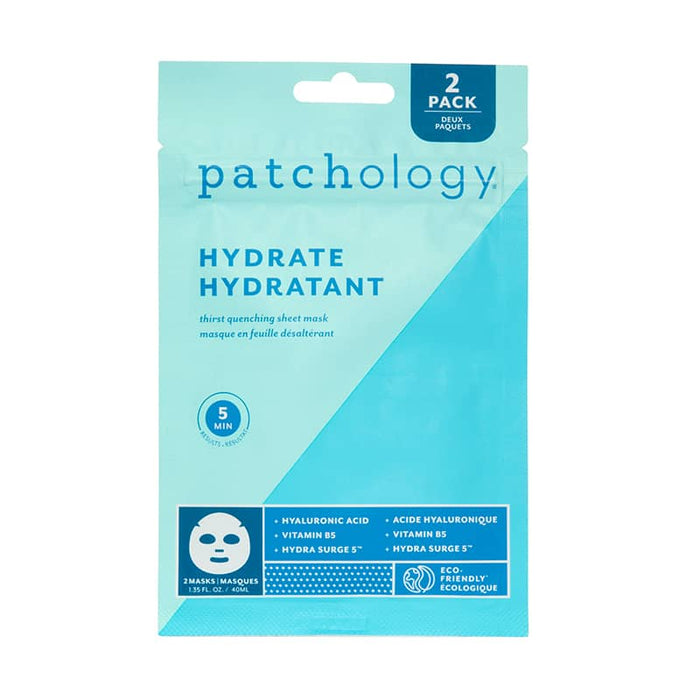Patchology Hydrate 2-pack sheet mask in teal packaging with hyaluronic acid and vitamin B5.