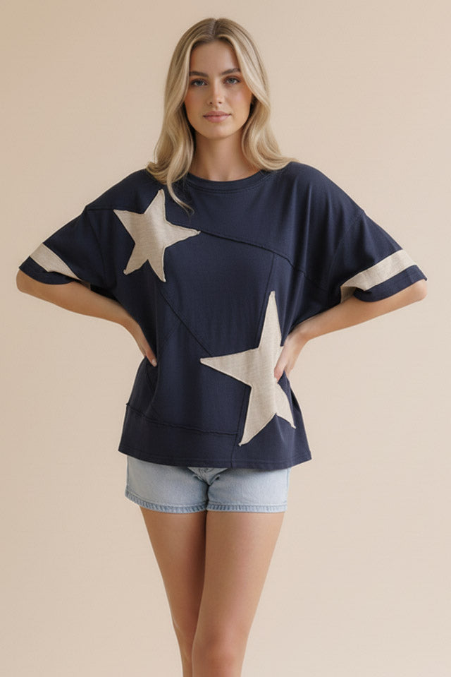 Haptics Navy Star Patchwork Top