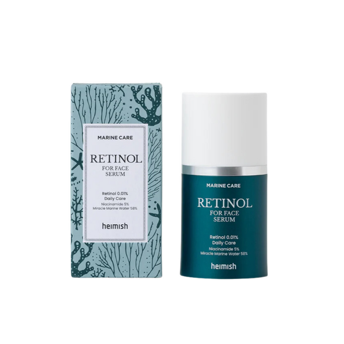 HEIMISH Marine Care Retinol Face Serum is an advanced anti-aging serum designed to smooth fine lines, improve skin elasticity, and enhance overall radiance. Formulated with Retinol and Niacinamide, it boosts collagen production, brightens skin tone, and refines texture. Enriched with Marine Algae Extracts, Shea Butter, and Sodium Hyaluronate, it deeply hydrates and nourishes the skin while strengthening its moisture barrier. Lightweight and fast-absorbing, this serum leaves your skin looking fir
