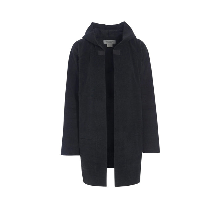 The HENRIETTE STEFFENSEN FLEECE HOODED CARDIGAN by HENRIETTE STEFFENSEN features a black, open-front design with long sleeves and a relaxed fit, crafted from Oeko-Tex certified fleece for both comfort and sustainability. Shown on a plain white background, it’s the ideal choice for everyday wear.