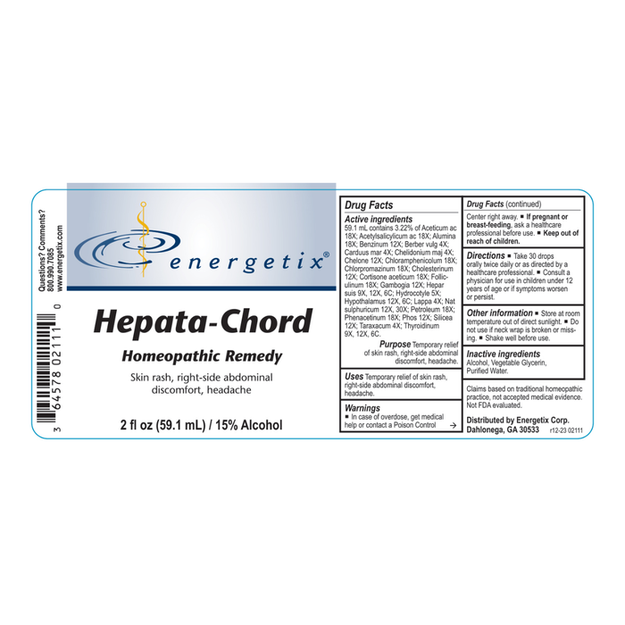 Hepata-Chord is a homeopathic combination formula for symptoms related to the toxic load of the liver. Many factors may contribute to this including alcohol usage, exposure to chemicals, viruses, and parasites.
