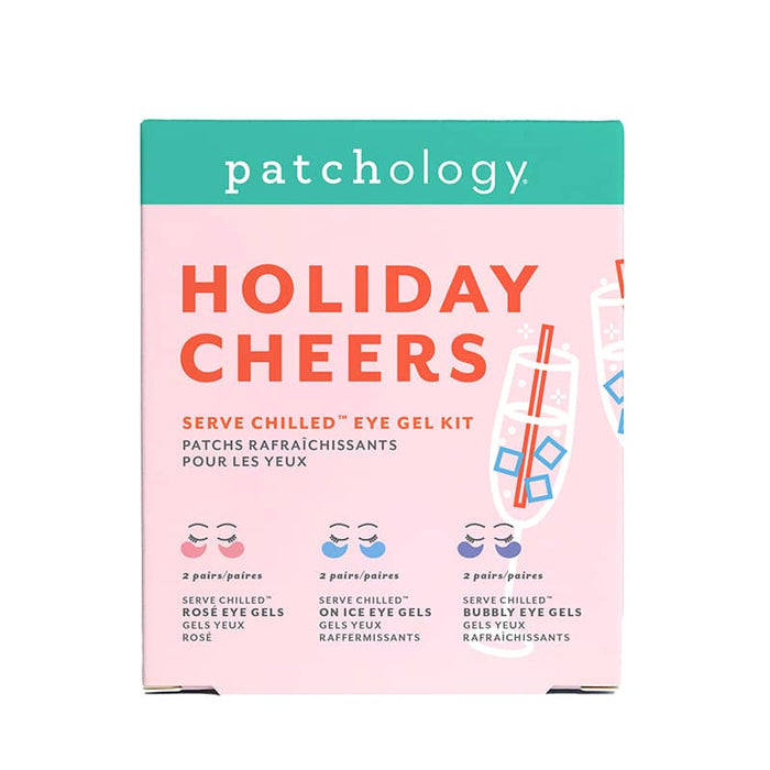 Patchology “Holiday Cheers” Serve Chilled eye gel kit packaging featuring Rosé, On Ice, and Bubbly eye gels in festive design